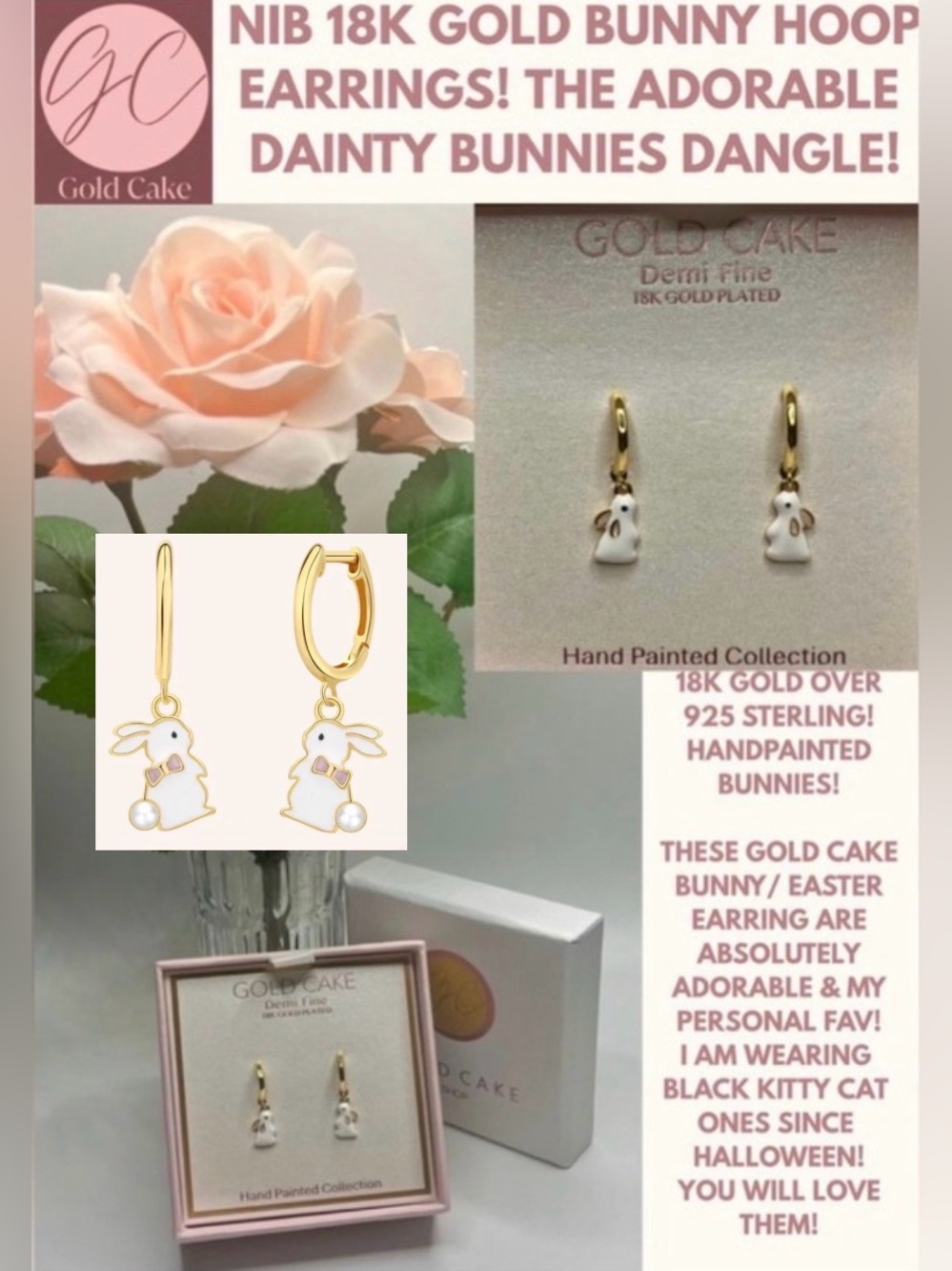 NWT HOOP 18K OVER 925 BUNNY EARRINGS! PERFECT 4 SPRING & EASTER! RARE!